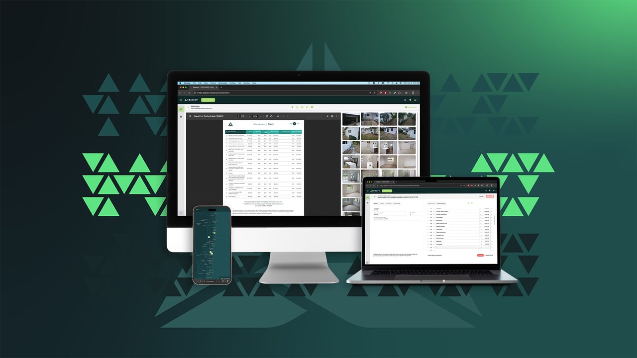 A smartphone, laptop, and desktop all showing screen captures from Spexion on a green background with texture