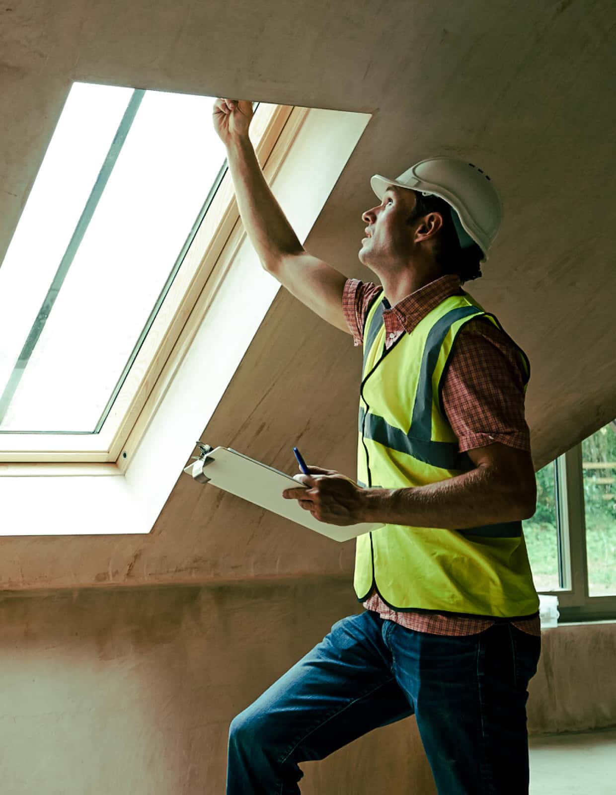 A man in a vest and hard hat inspects the inside of a skylight.