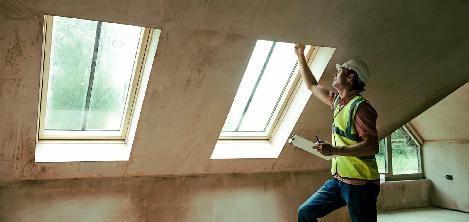 A man in a vest and hard hat inspects the inside of a skylight.