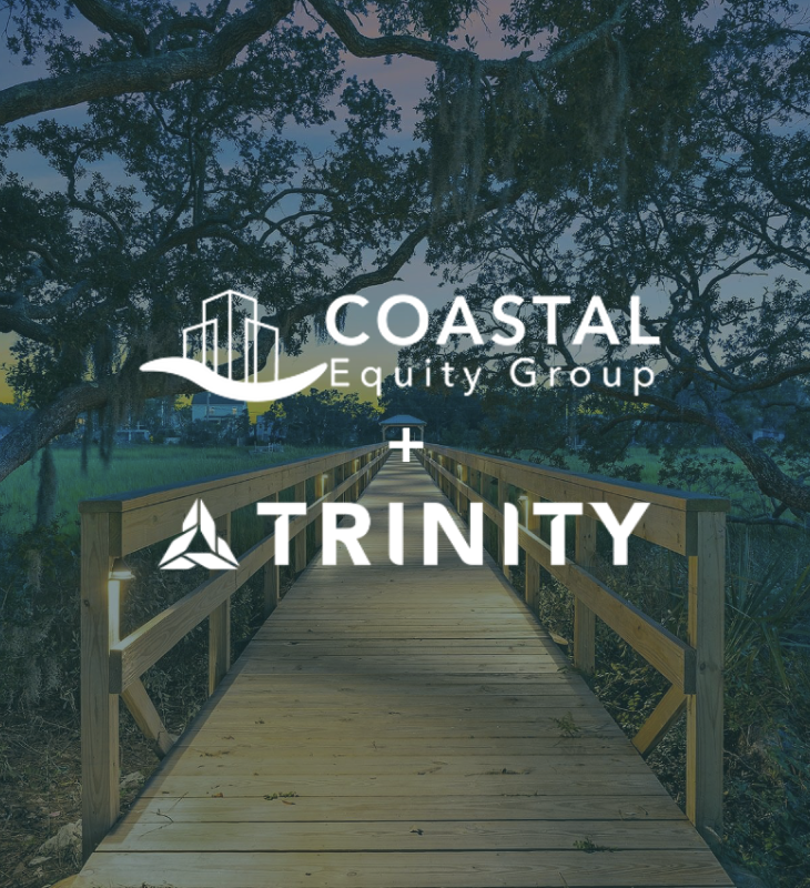 The Coastal Equity logo and Trinity logo over a background image of a boardwalk in South Carolina.
